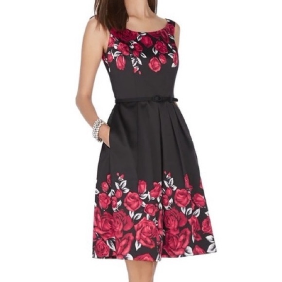 White House Black Market A-line Satin Red Rose Pattern on Black Dress 8